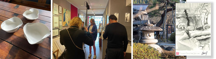 Flowschalen van Annemarie Vogel, filmploeg in de galerie en japanse schets van Anita Gaasbeek